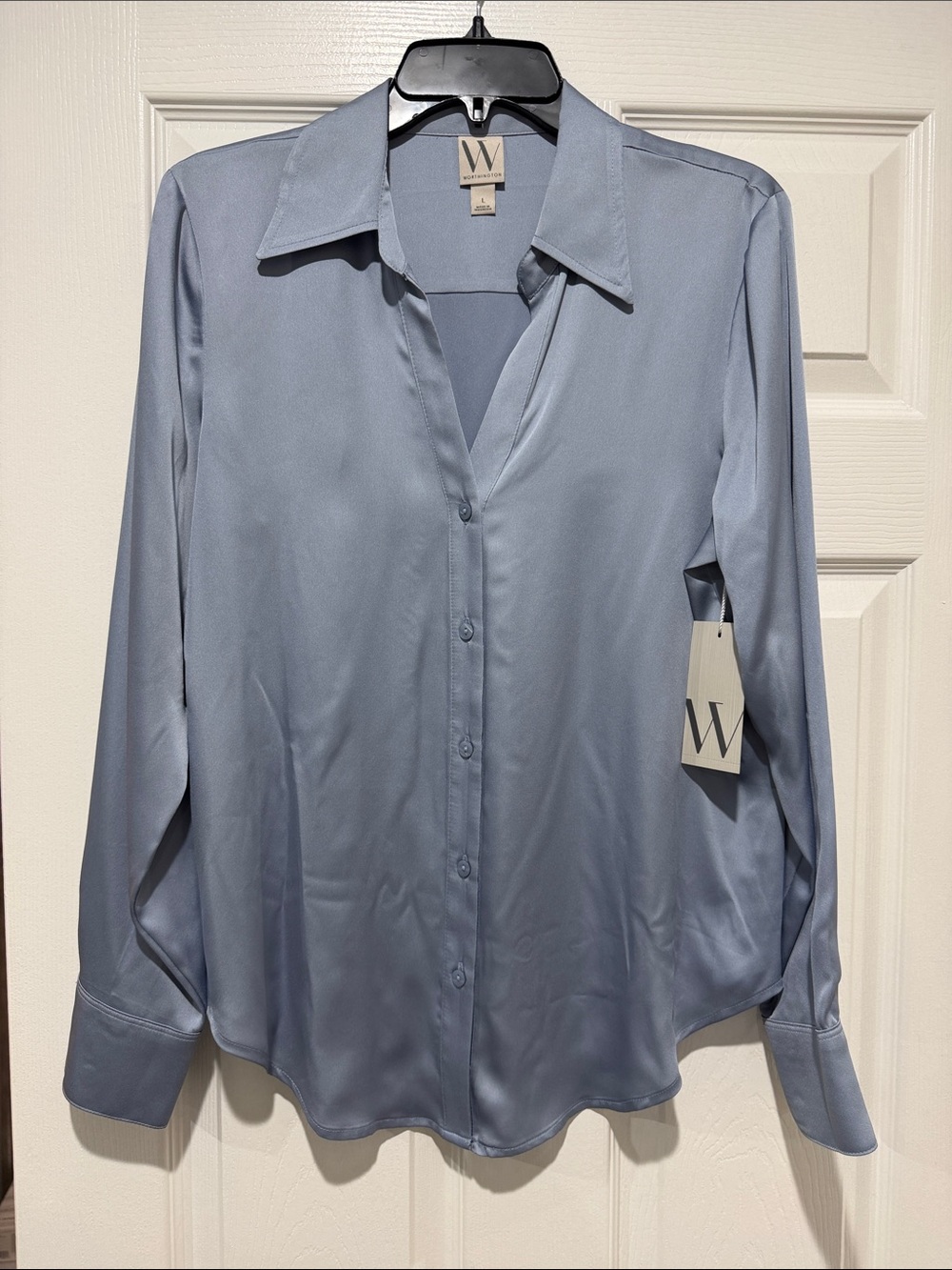 Women's Light Blue Satin Button-Up Blouse
